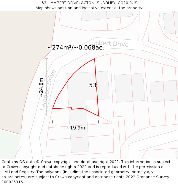 53, LAMBERT DRIVE, ACTON, SUDBURY, CO10 0US: Plot and title map