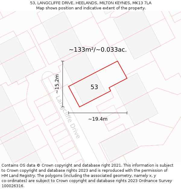 53, LANGCLIFFE DRIVE, HEELANDS, MILTON KEYNES, MK13 7LA: Plot and title map