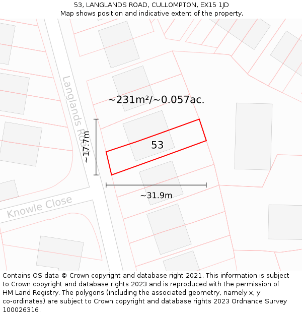 53, LANGLANDS ROAD, CULLOMPTON, EX15 1JD: Plot and title map