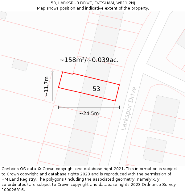 53, LARKSPUR DRIVE, EVESHAM, WR11 2NJ: Plot and title map