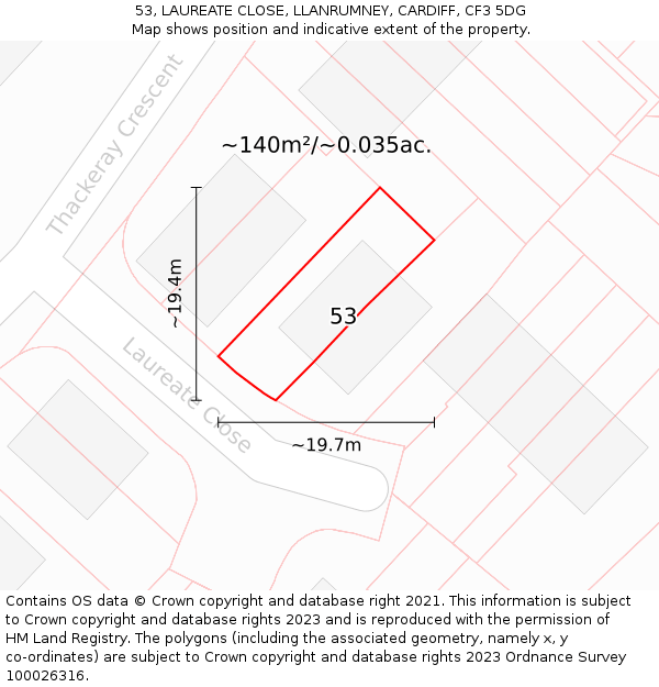 53, LAUREATE CLOSE, LLANRUMNEY, CARDIFF, CF3 5DG: Plot and title map