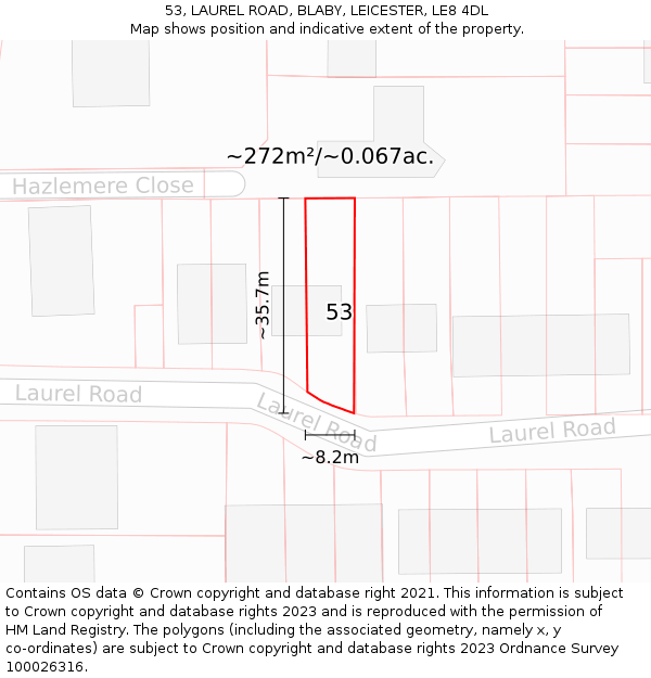53, LAUREL ROAD, BLABY, LEICESTER, LE8 4DL: Plot and title map