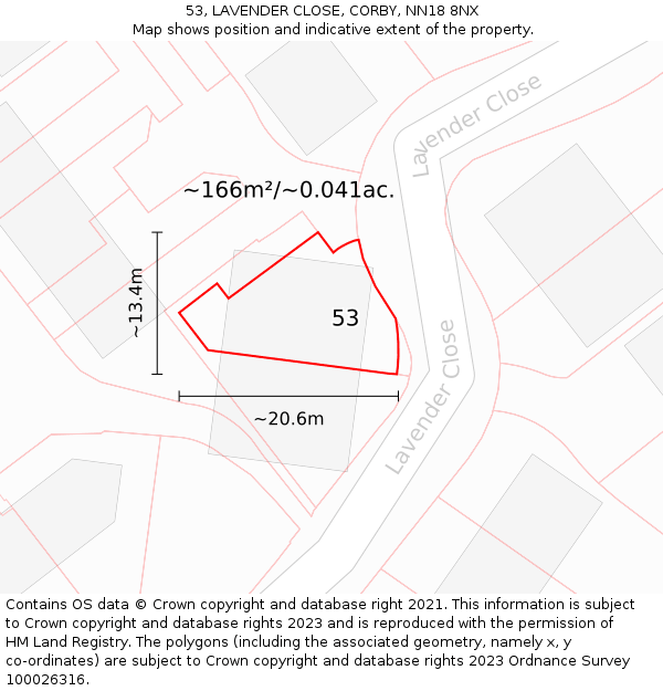 53, LAVENDER CLOSE, CORBY, NN18 8NX: Plot and title map