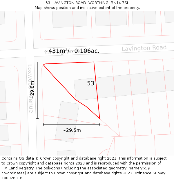 53, LAVINGTON ROAD, WORTHING, BN14 7SL: Plot and title map