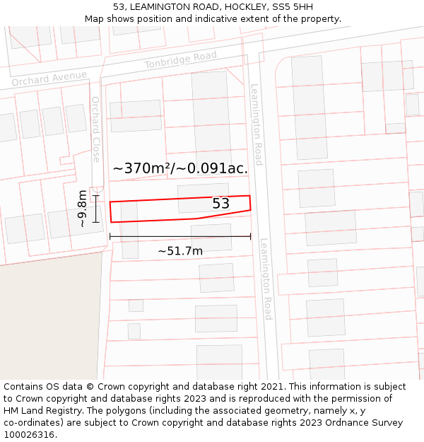53, LEAMINGTON ROAD, HOCKLEY, SS5 5HH: Plot and title map