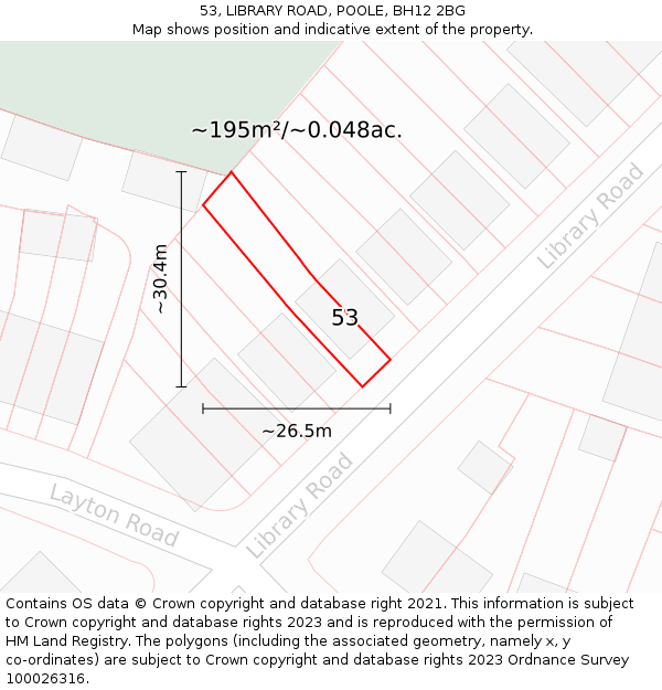 53, LIBRARY ROAD, POOLE, BH12 2BG: Plot and title map