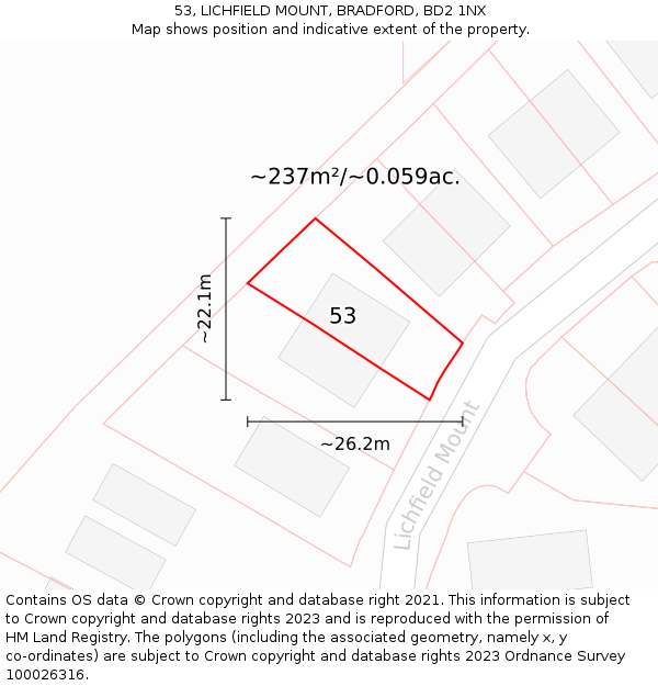 53, LICHFIELD MOUNT, BRADFORD, BD2 1NX: Plot and title map