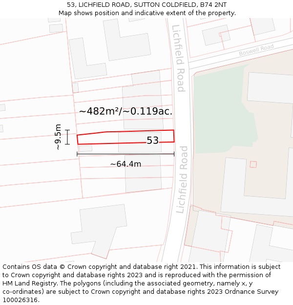 53, LICHFIELD ROAD, SUTTON COLDFIELD, B74 2NT: Plot and title map
