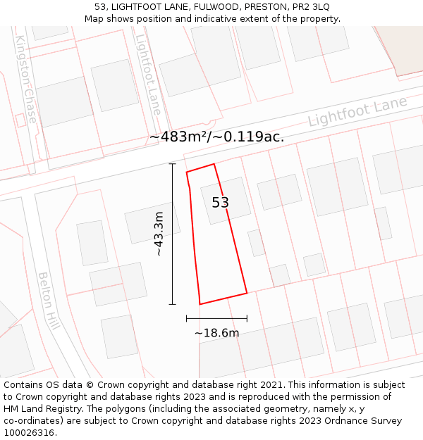 53, LIGHTFOOT LANE, FULWOOD, PRESTON, PR2 3LQ: Plot and title map