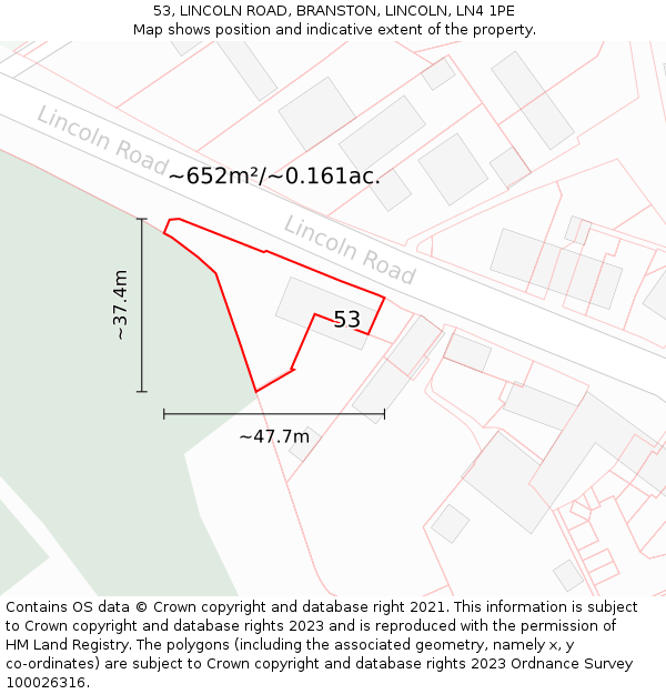 53, LINCOLN ROAD, BRANSTON, LINCOLN, LN4 1PE: Plot and title map