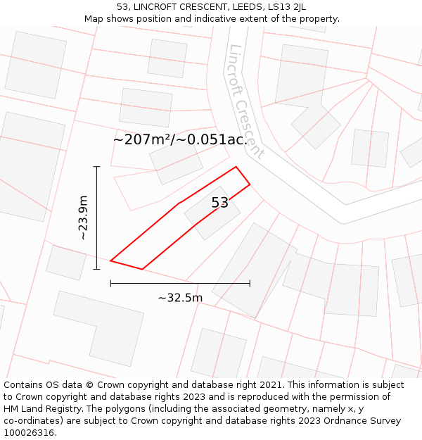 53, LINCROFT CRESCENT, LEEDS, LS13 2JL: Plot and title map
