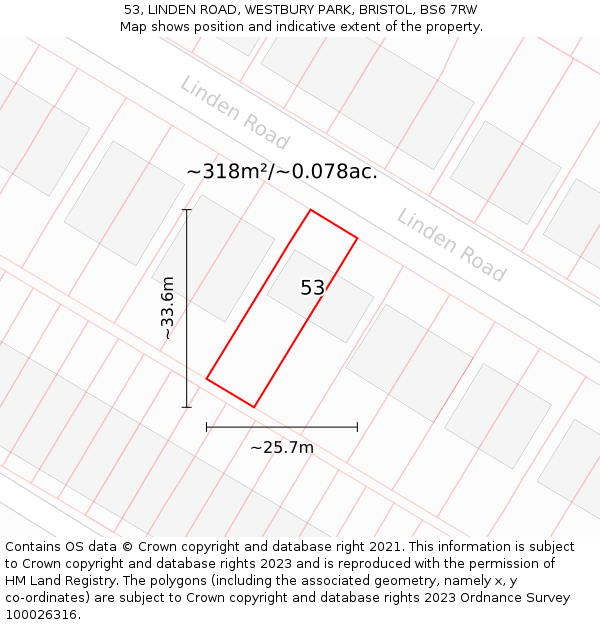 53, LINDEN ROAD, WESTBURY PARK, BRISTOL, BS6 7RW: Plot and title map
