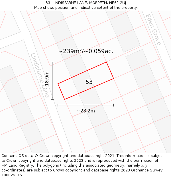 53, LINDISFARNE LANE, MORPETH, NE61 2UJ: Plot and title map
