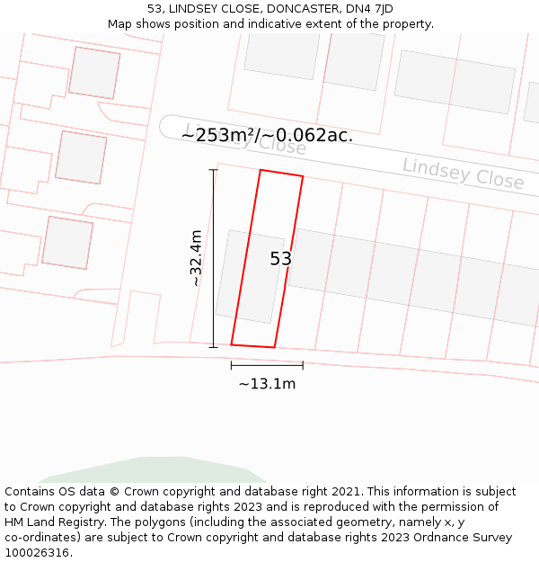 53, LINDSEY CLOSE, DONCASTER, DN4 7JD: Plot and title map