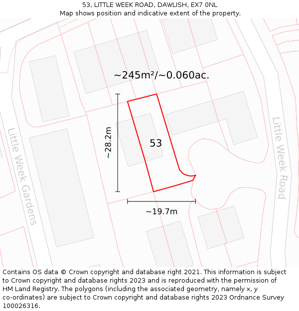 53, LITTLE WEEK ROAD, DAWLISH, EX7 0NL: Plot and title map