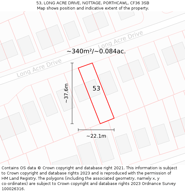 53, LONG ACRE DRIVE, NOTTAGE, PORTHCAWL, CF36 3SB: Plot and title map