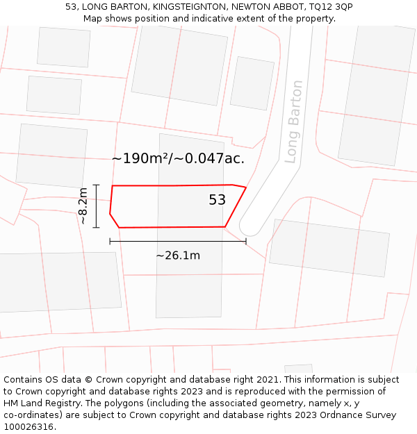 53, LONG BARTON, KINGSTEIGNTON, NEWTON ABBOT, TQ12 3QP: Plot and title map