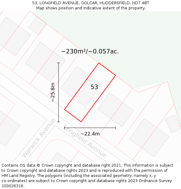 53, LONGFIELD AVENUE, GOLCAR, HUDDERSFIELD, HD7 4BT: Plot and title map