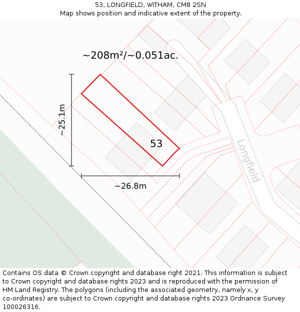 53, LONGFIELD, WITHAM, CM8 2SN: Plot and title map
