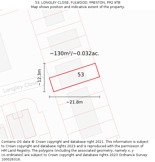 53, LONGLEY CLOSE, FULWOOD, PRESTON, PR2 9TB: Plot and title map