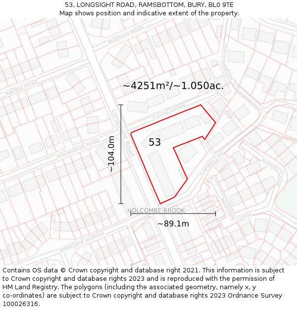 53, LONGSIGHT ROAD, RAMSBOTTOM, BURY, BL0 9TE: Plot and title map