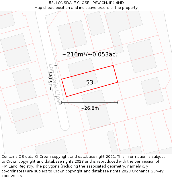 53, LONSDALE CLOSE, IPSWICH, IP4 4HD: Plot and title map