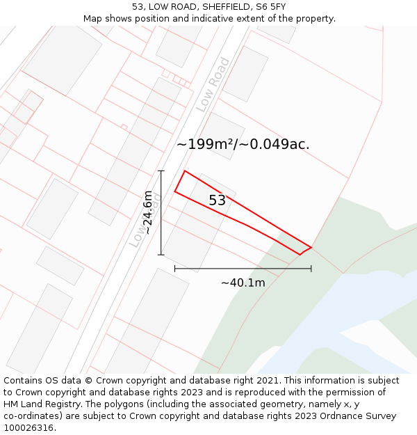 53, LOW ROAD, SHEFFIELD, S6 5FY: Plot and title map