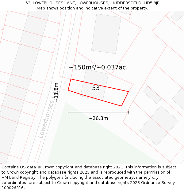 53, LOWERHOUSES LANE, LOWERHOUSES, HUDDERSFIELD, HD5 8JP: Plot and title map