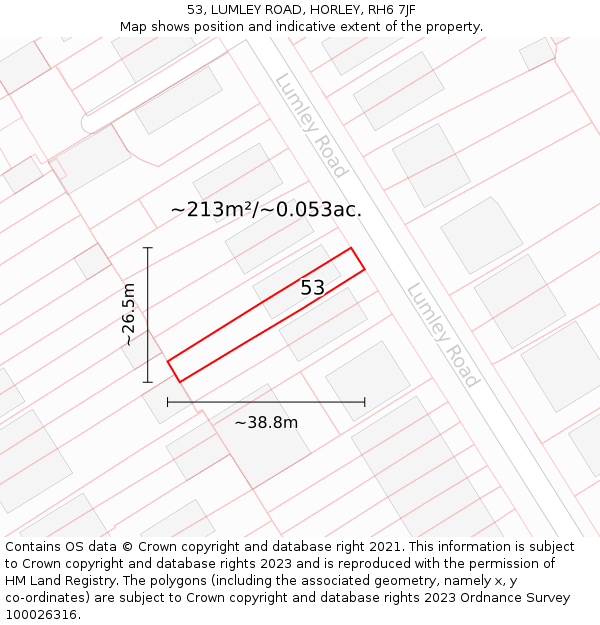 53, LUMLEY ROAD, HORLEY, RH6 7JF: Plot and title map