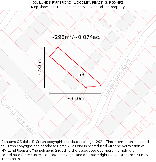 53, LUNDS FARM ROAD, WOODLEY, READING, RG5 4PZ: Plot and title map