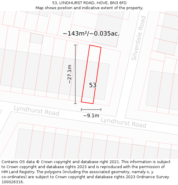 53, LYNDHURST ROAD, HOVE, BN3 6FD: Plot and title map