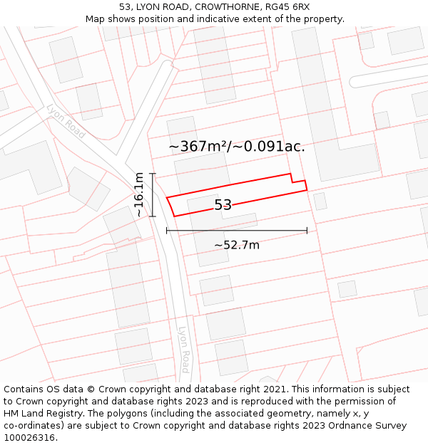 53, LYON ROAD, CROWTHORNE, RG45 6RX: Plot and title map