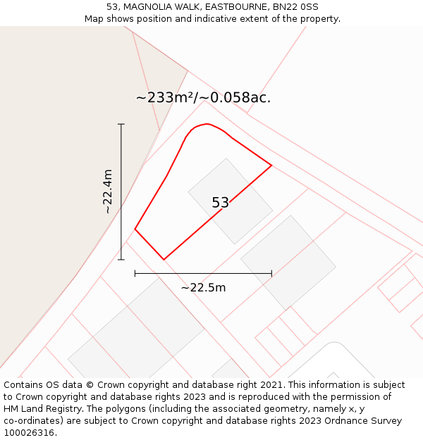 53, MAGNOLIA WALK, EASTBOURNE, BN22 0SS: Plot and title map