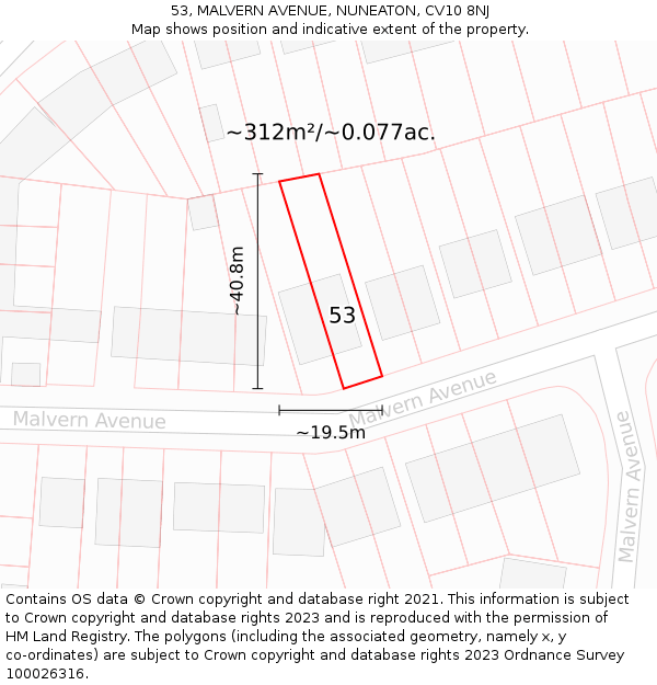53, MALVERN AVENUE, NUNEATON, CV10 8NJ: Plot and title map