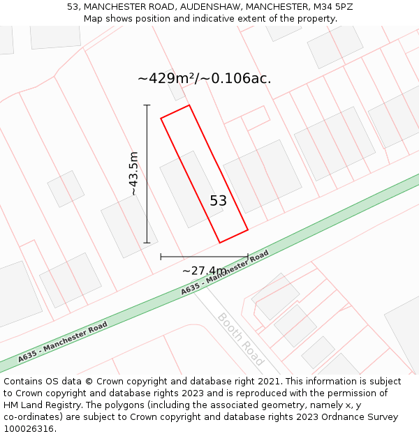 53, MANCHESTER ROAD, AUDENSHAW, MANCHESTER, M34 5PZ: Plot and title map