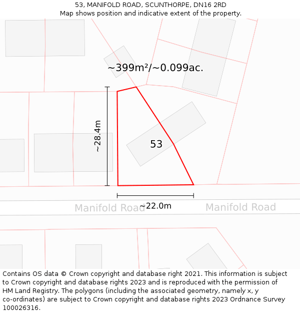 53, MANIFOLD ROAD, SCUNTHORPE, DN16 2RD: Plot and title map