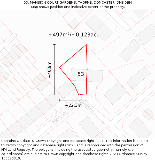 53, MANSION COURT GARDENS, THORNE, DONCASTER, DN8 5BN: Plot and title map