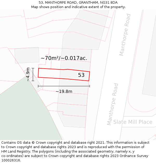 53, MANTHORPE ROAD, GRANTHAM, NG31 8DA: Plot and title map