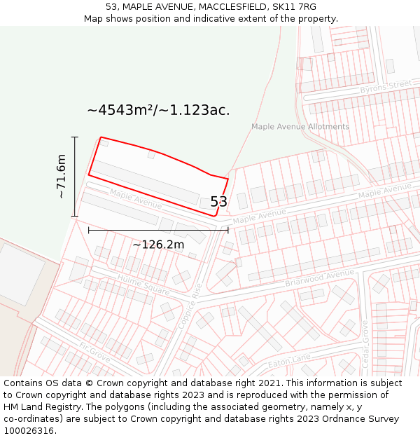 53, MAPLE AVENUE, MACCLESFIELD, SK11 7RG: Plot and title map
