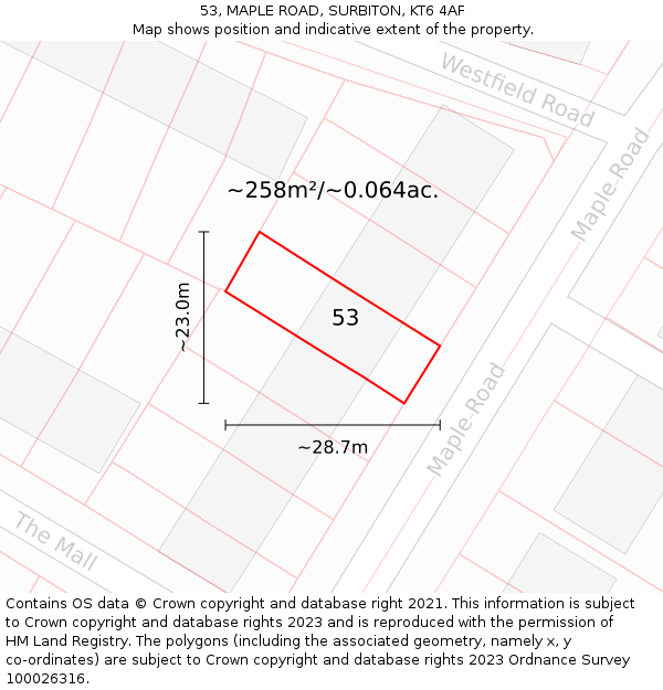 53, MAPLE ROAD, SURBITON, KT6 4AF: Plot and title map