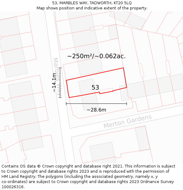 53, MARBLES WAY, TADWORTH, KT20 5LQ: Plot and title map