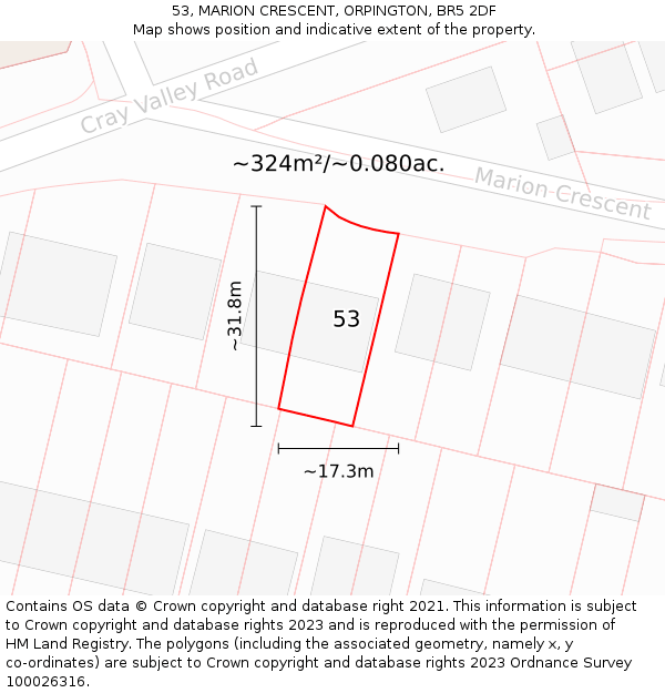 53, MARION CRESCENT, ORPINGTON, BR5 2DF: Plot and title map