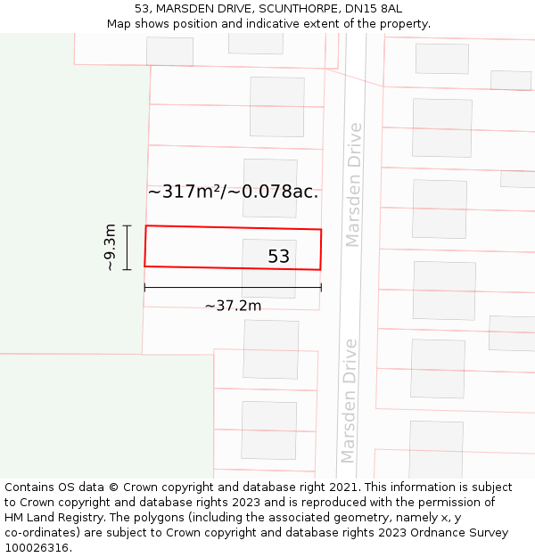 53, MARSDEN DRIVE, SCUNTHORPE, DN15 8AL: Plot and title map