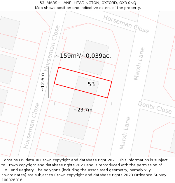53, MARSH LANE, HEADINGTON, OXFORD, OX3 0NQ: Plot and title map