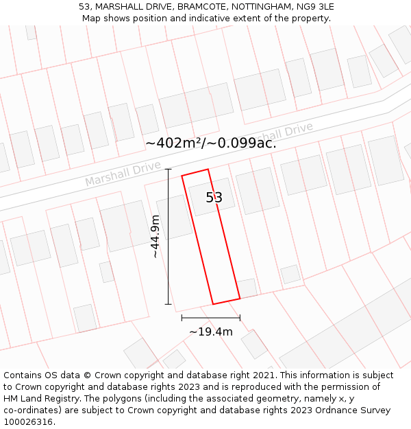 53, MARSHALL DRIVE, BRAMCOTE, NOTTINGHAM, NG9 3LE: Plot and title map