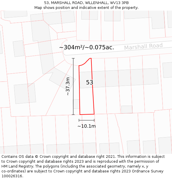 53, MARSHALL ROAD, WILLENHALL, WV13 3PB: Plot and title map