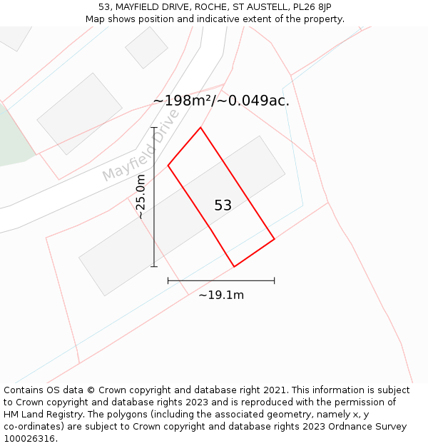 53, MAYFIELD DRIVE, ROCHE, ST AUSTELL, PL26 8JP: Plot and title map