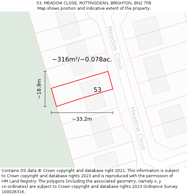 53, MEADOW CLOSE, ROTTINGDEAN, BRIGHTON, BN2 7FB: Plot and title map