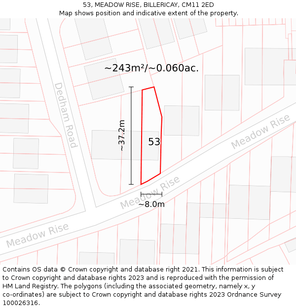 53, MEADOW RISE, BILLERICAY, CM11 2ED: Plot and title map
