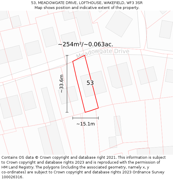 53, MEADOWGATE DRIVE, LOFTHOUSE, WAKEFIELD, WF3 3SR: Plot and title map